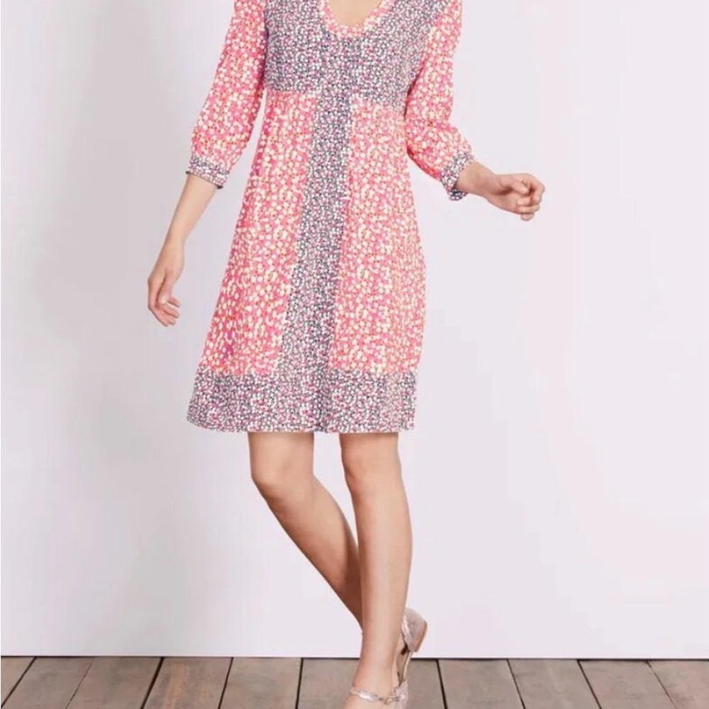 Boden Mollie Patchwork Floral Pink Mixed-Print V-Neck Dress